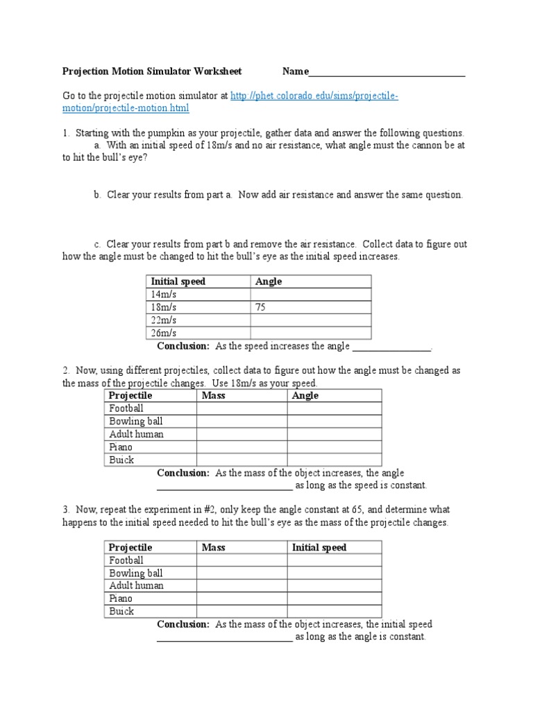 Projectile Motion Simulator Worksheet Drag Physics Projectiles