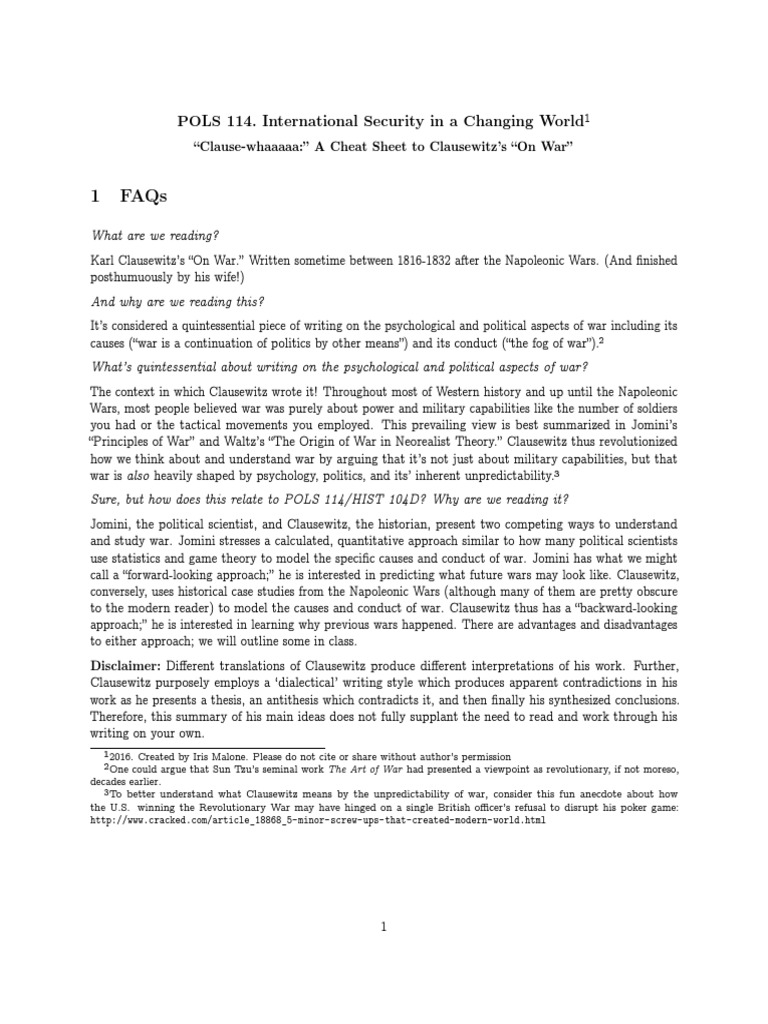 Clausewitz On War Cheat Sheet PDF Carl Von Clausewitz On War