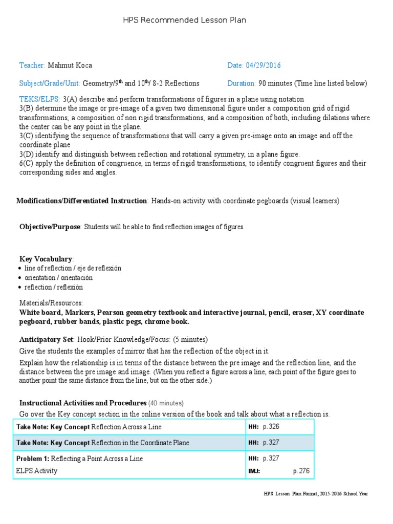 Geometry Lesson Plan: Reflections | PDF | Cartesian Coordinate System ...