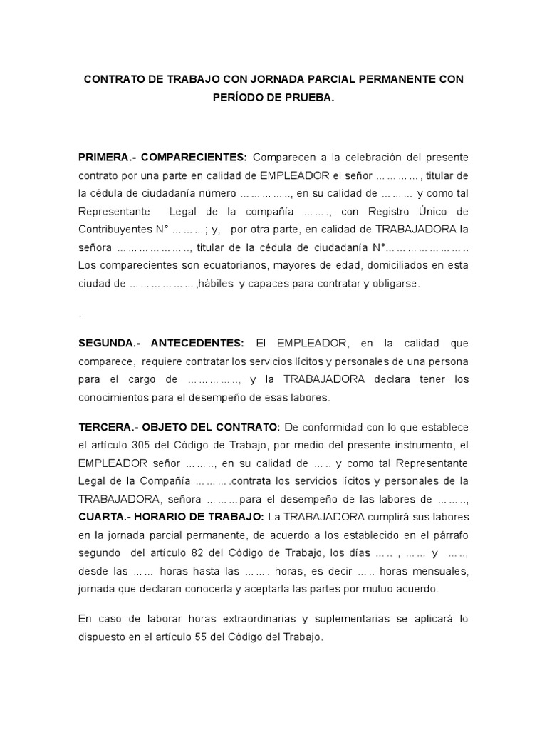 CONTRATO+DE+TRABAJO+CON+JORNADA+PARCIAL+PERMANENTE+CON+PERÍODO+DE+PRUEBA Derecho laboral Salario