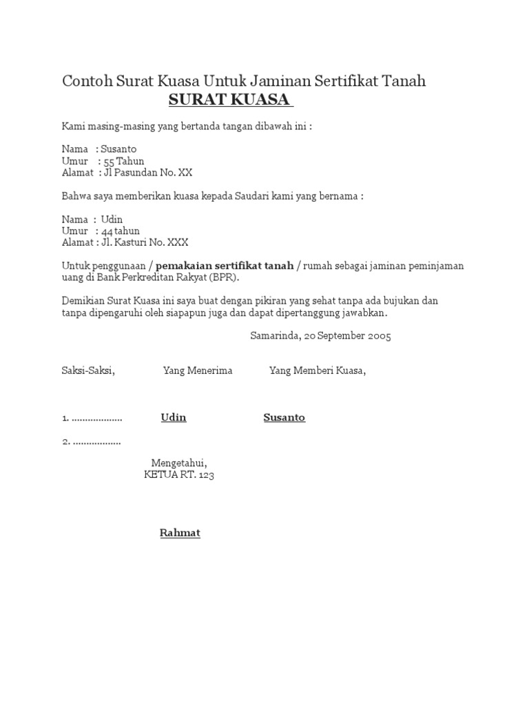 Contoh Surat Kuasa Untuk Jaminan Sertifikat Tanah | PDF
