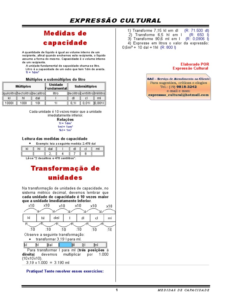 Medidas De Capacidade Pdf Litro Quantidade
