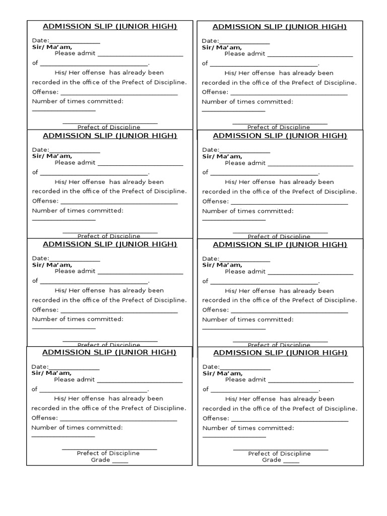 Admission Slip SAMPLE | PDF