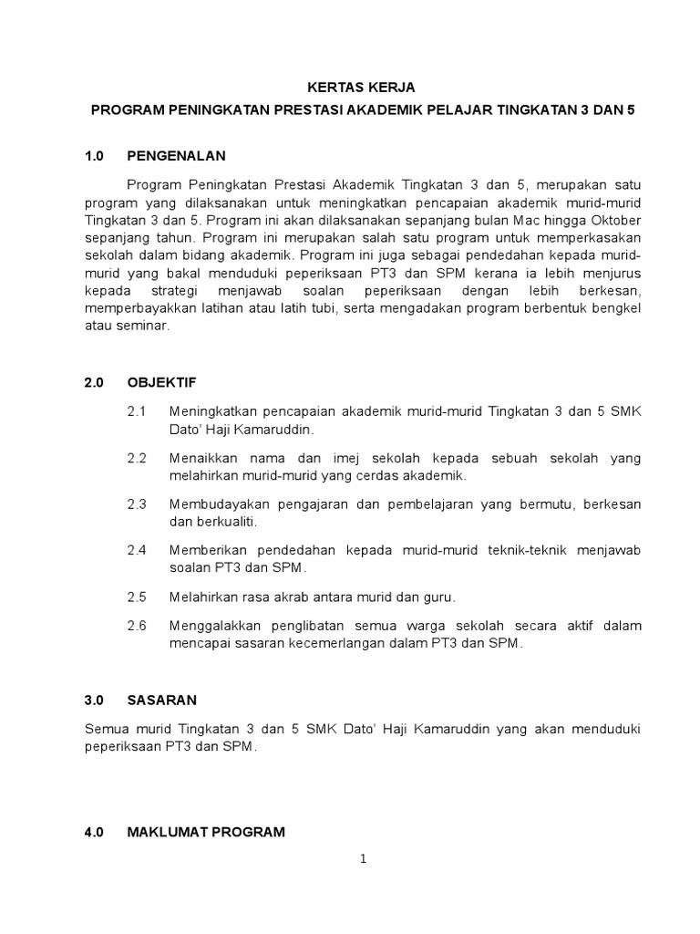 Kertas Kerja Program Peningkatan Prestasi Akademik