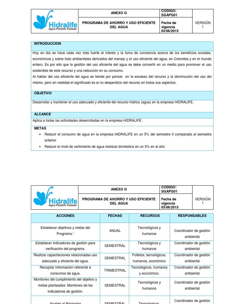 ANEXO G. Programa de Ahorro y Uso Eficiente Del Agua. | PDF | Agua ...