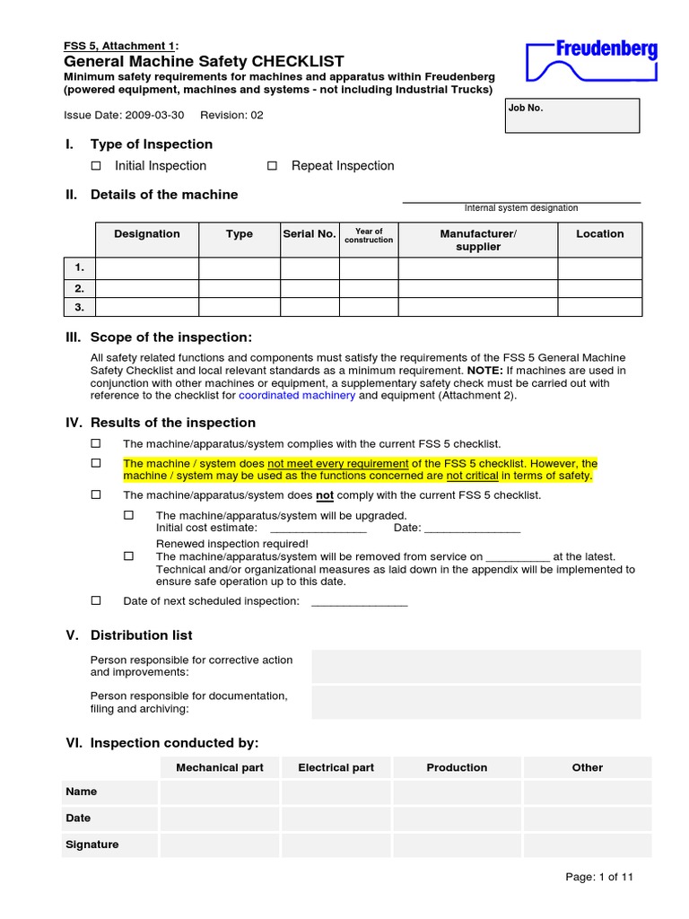 General Machine Safety Checklist FSS 5 | PDF | Machines | Safety