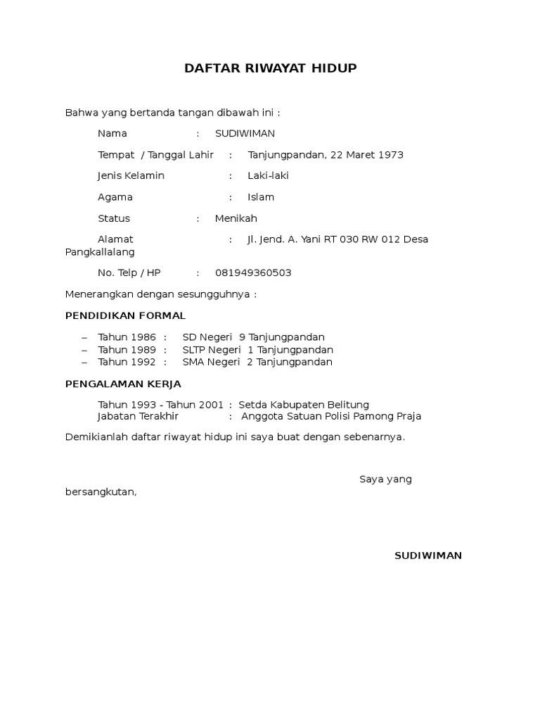 Contoh Surat Lamaran Yang Digabungkan Dengan Riwayat Hidup ...