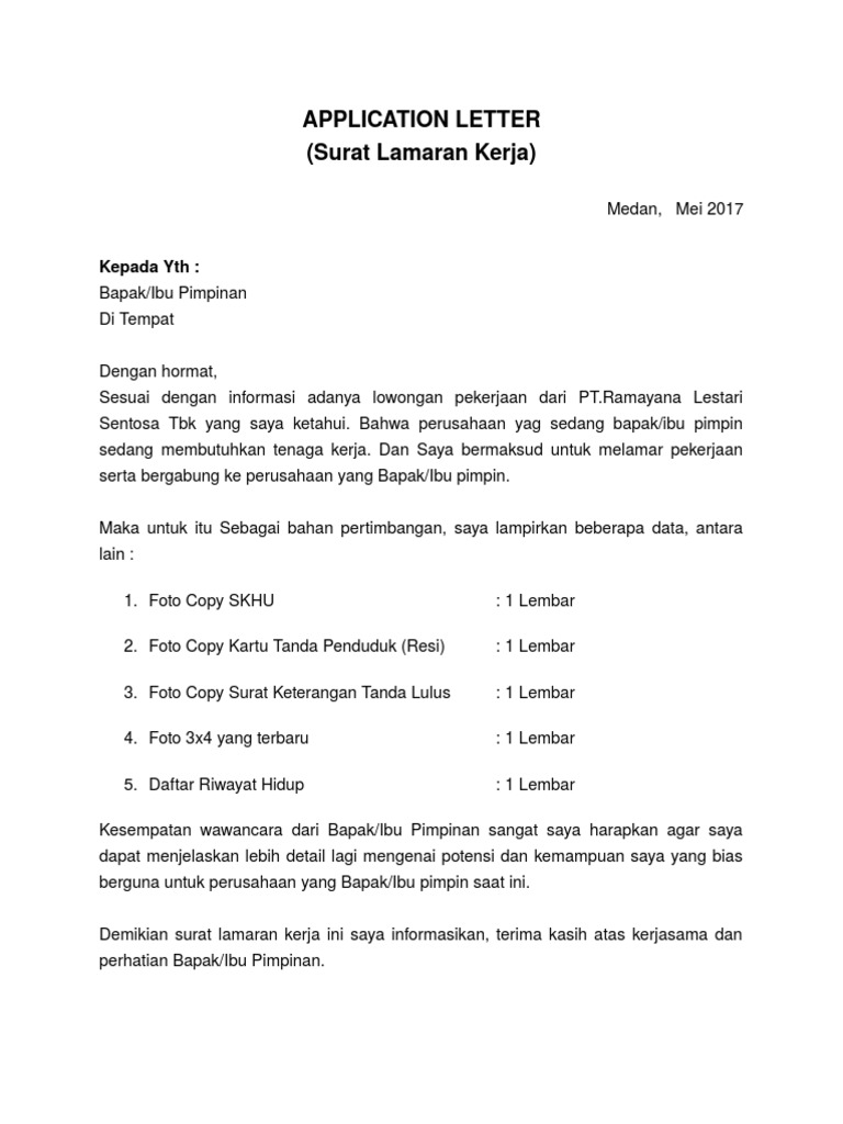Contoh Surat Lamaran Ramayana