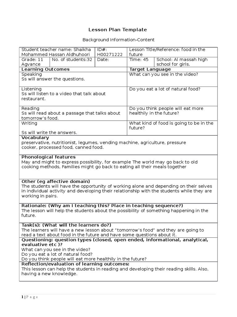 lesson plan 1 reading | Lesson Plan | Reading (Process)