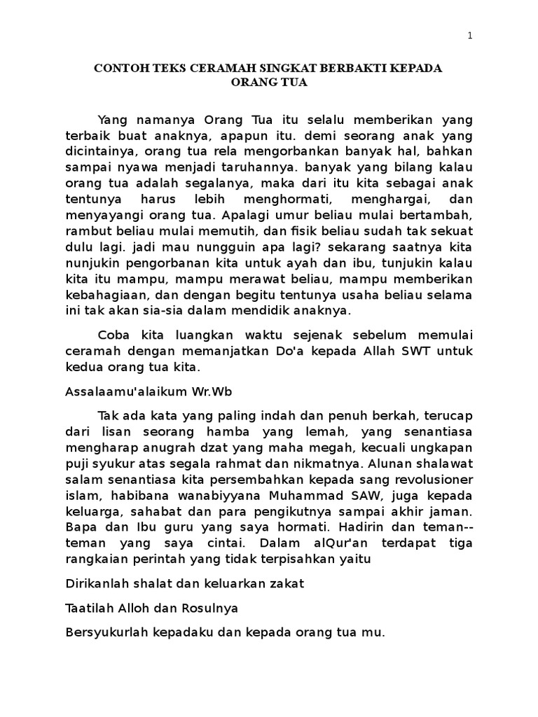 Teks Ceramah Singkat Tentang Berbakti Kepada Orang Tua