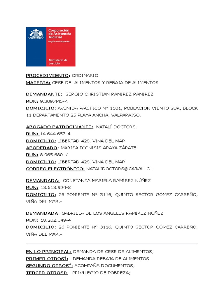 Modelo Demanda Rebaja y Cese de Alimentos | PDF | Manutención de los hijos  | Demanda judicial