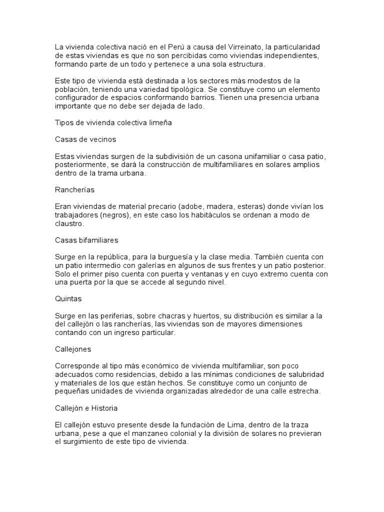 Tipos de Vivienda Colectiva en Perú | PDF | Lima | Calle