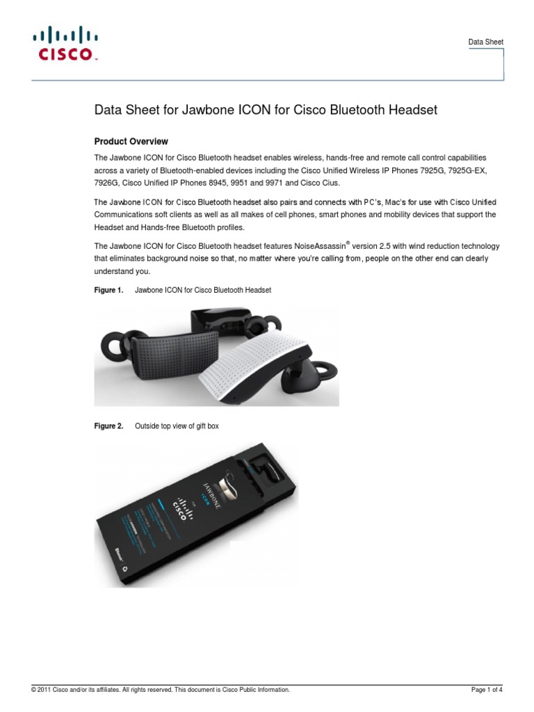 Data Sheet for Jawbone ICON for Cisco Bluetooth Headset | Bluetooth | Usb