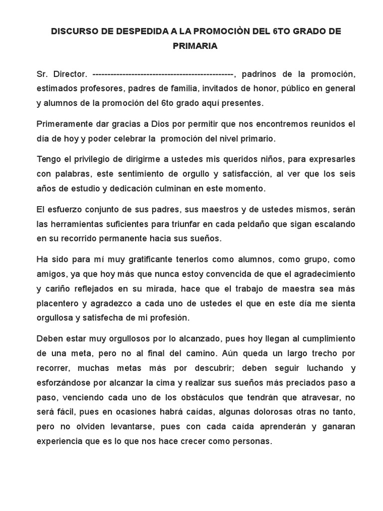 Discurso de Despedida A La Promocion Del 6to Grado de Primaria | PDF |  Crecimiento personal y profesional, image size:768x1024