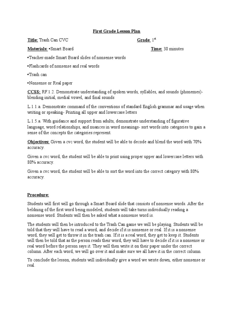 First Grade Lesson Plan For Portfolio Word Lesson Plan