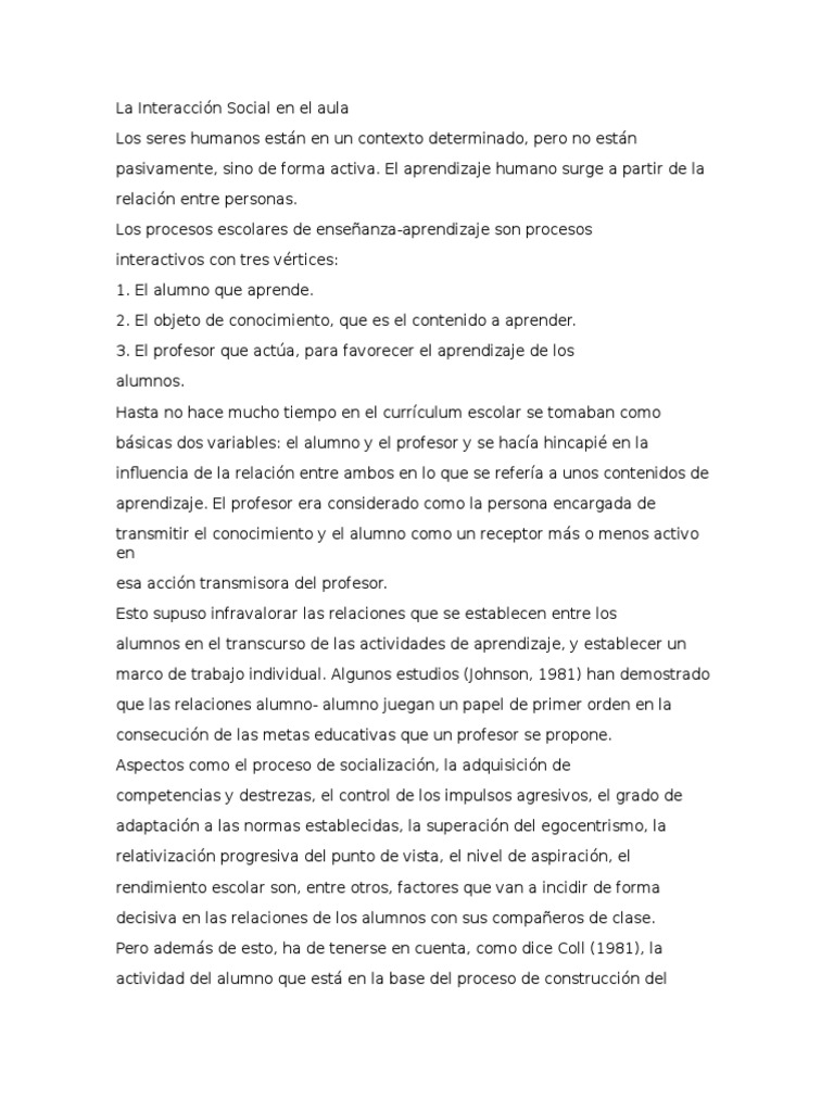 La Interacción Social en El Aula | Descargar gratis PDF | Aprendizaje ...