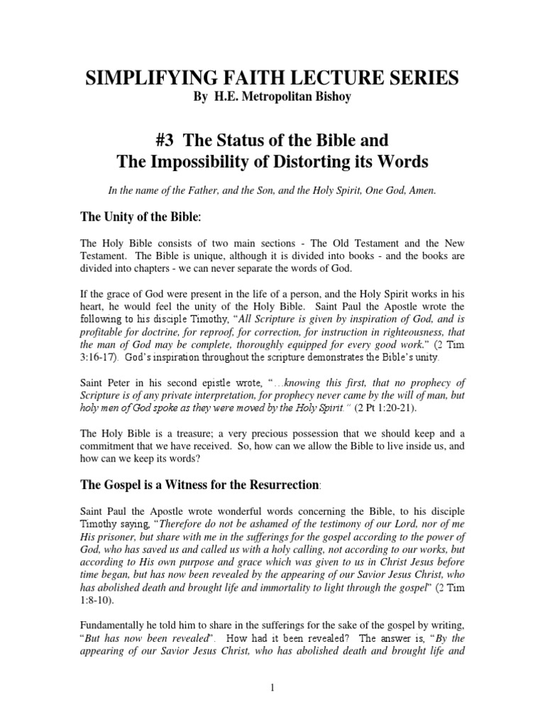 Simplifying Faith Lecture Series 3 The Status of The Bible and The Impossibility of Distorting