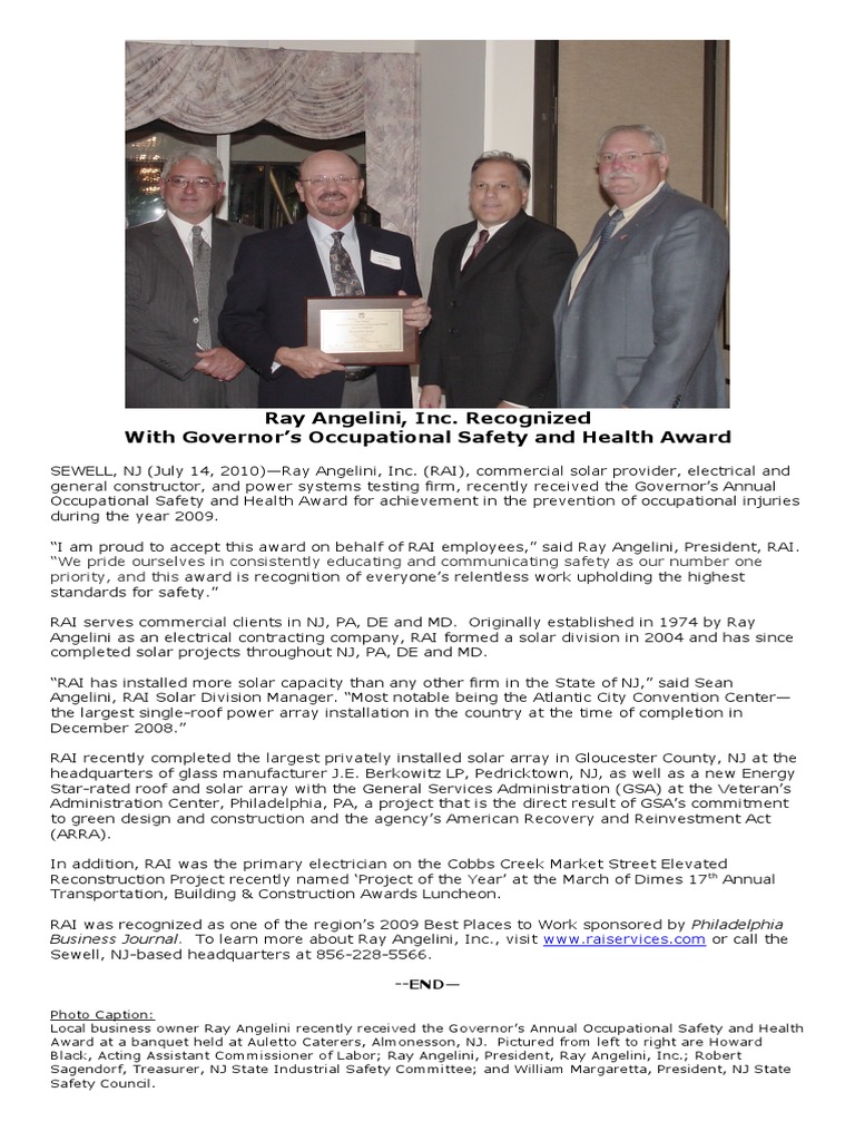 Ray Angelini, Inc. Wins Safety Award | PDF | General Services ...