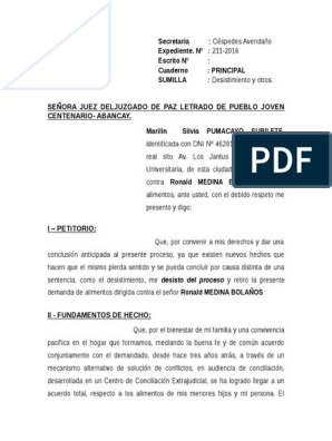 Modelo Desistimiento Alimentos Peru | PDF | Demanda judicial | Ley procesal