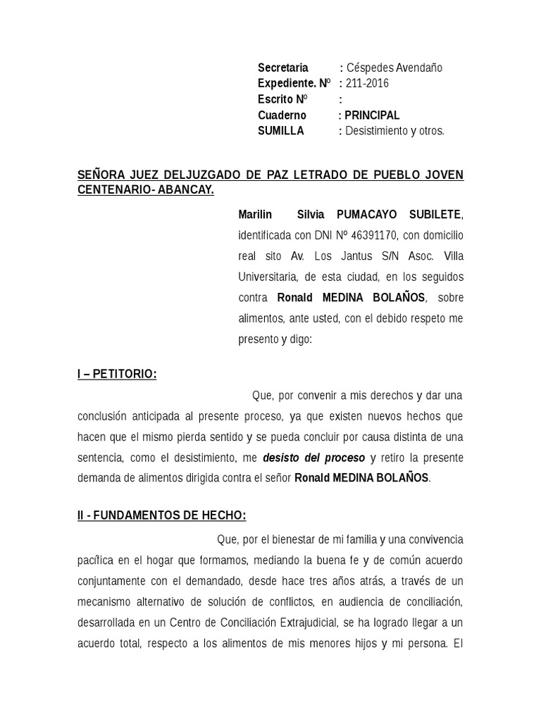 Modelo Desistimiento Alimentos Peru | PDF | Demanda judicial | Ley procesal