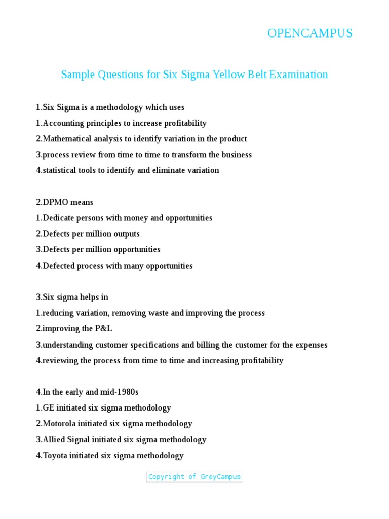 Yellow Belt Question Bank Pdf Six Sigma Strategic Management