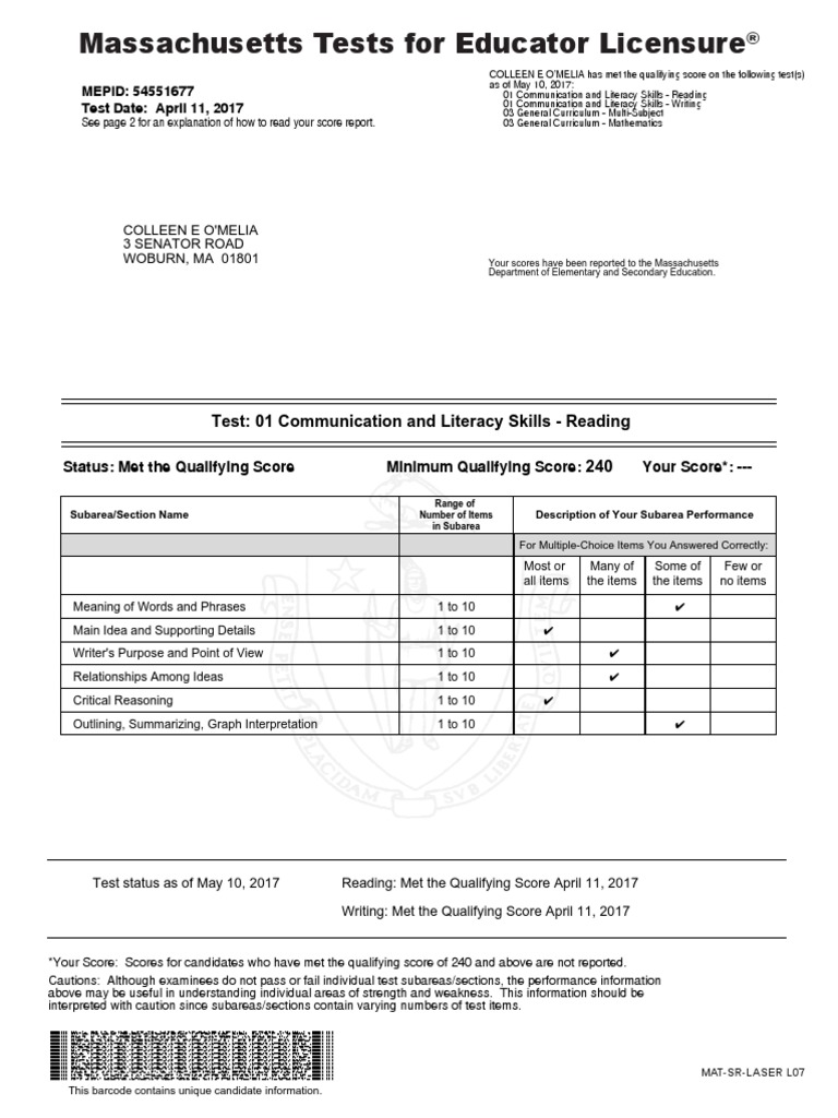 Reading, Writing, Mathematics MTEL Official Score Report PDF