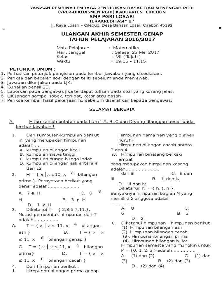Soal Matematika Kelas Vii Semester Ii Docx