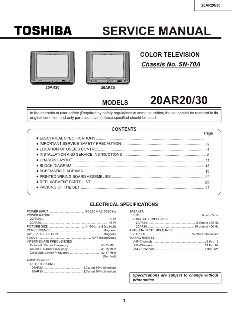 Manual de Servicio Tv Toshiba 20ar20_30 Vacuum Tube High Voltage