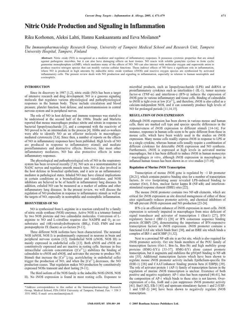 Nitric Oxide Production and Signaling in Inflammation | PDF | Nitric ...
