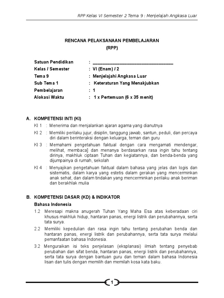 9 RPP Kelas VI Tema 9 Menjelajah Angkasa Luar 