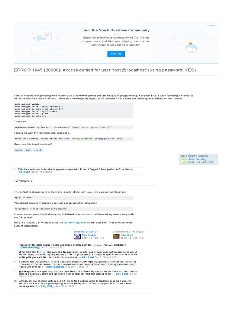 Mysql - ERROR 1045 (28000) - Access Denied For User 'Root'@'Localhost'  (Using Password - YES) - Stack Overflow | PDF | Superuser | Sudo
