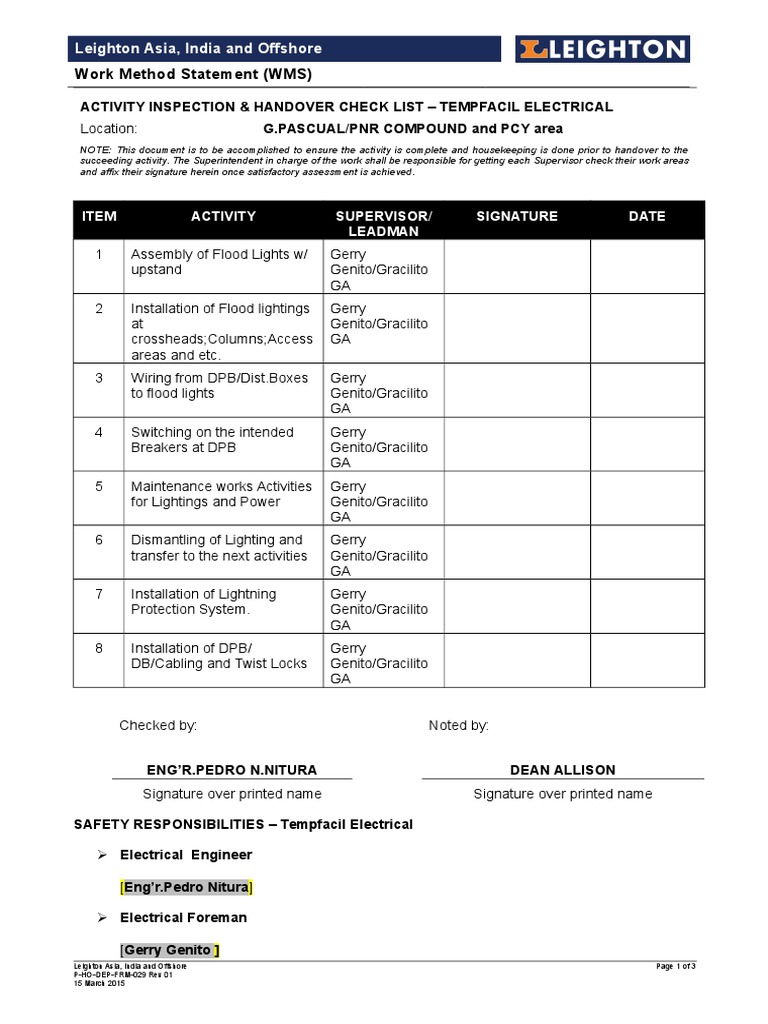 TempfacilElectrical Work Method Statement (WMS) Cable Electrical