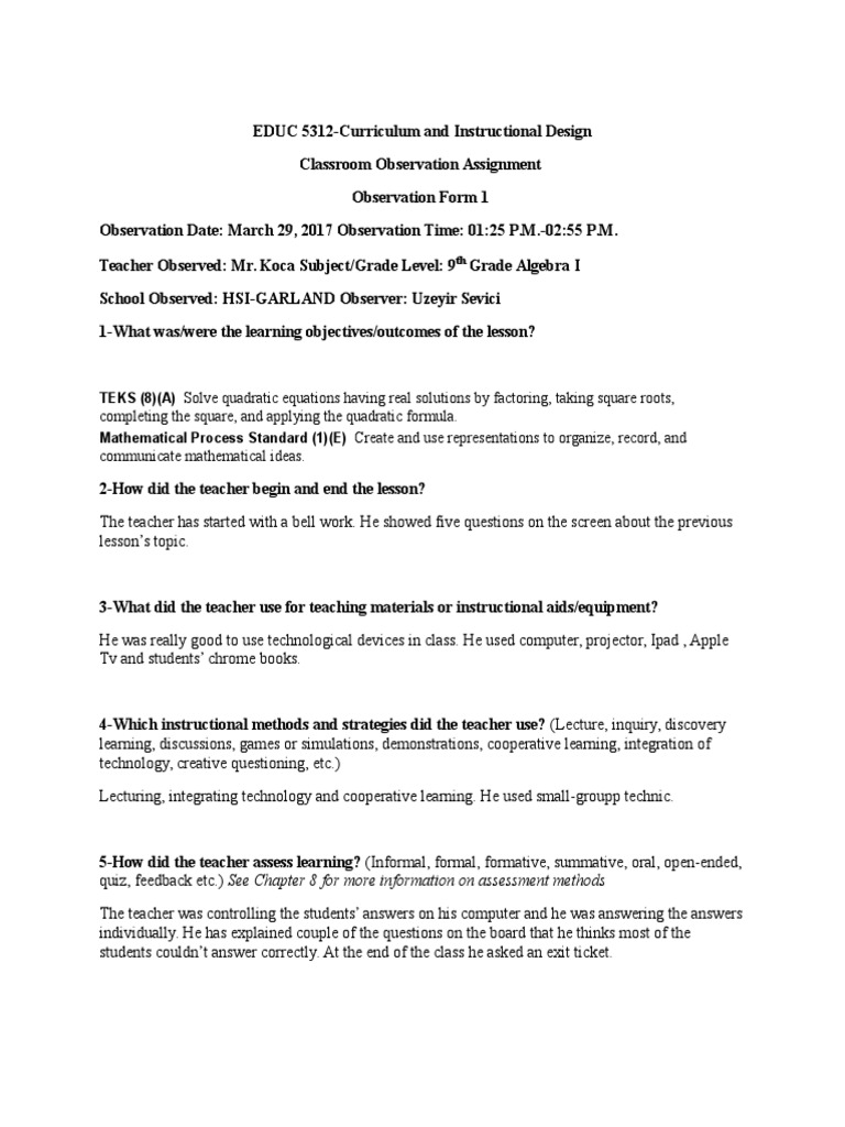 9th Grade Algebra Classroom Observation | PDF | Classroom Management ...