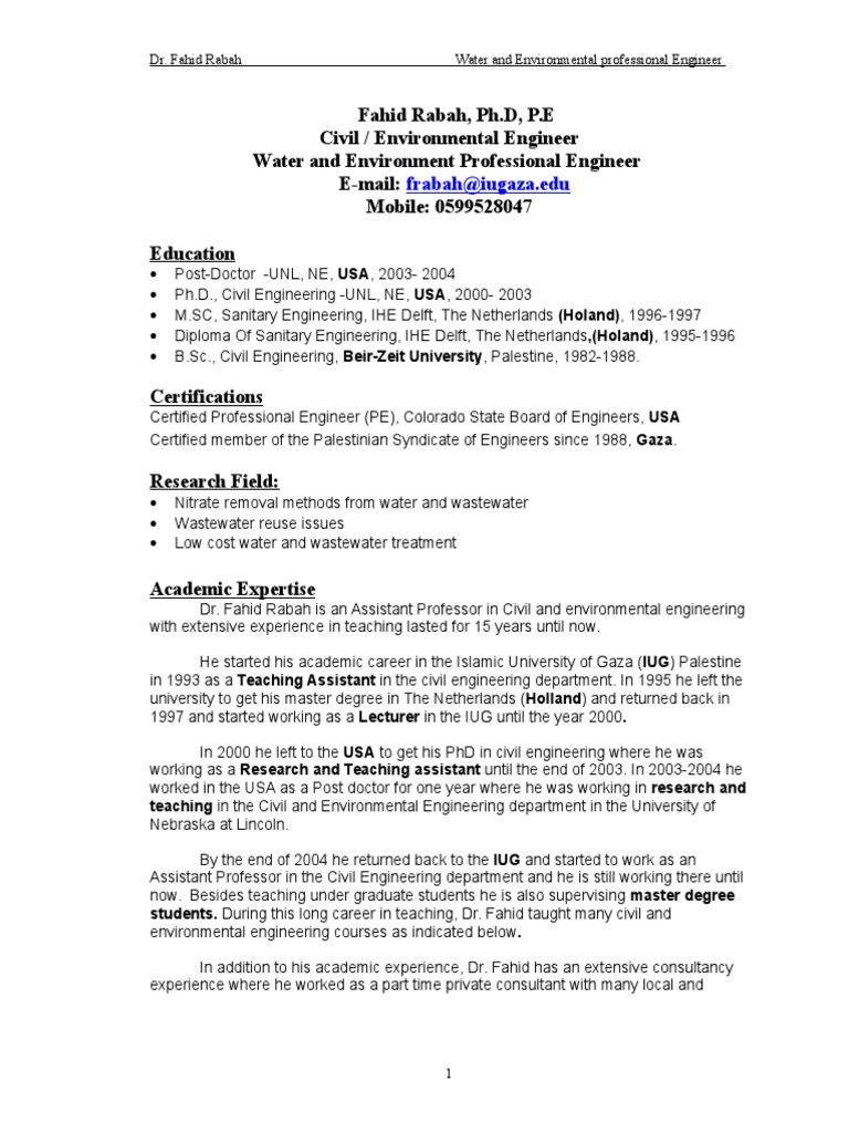 CV Prof. Dr. Fahid Rabah NOV 2009 | PDF | Sewage Treatment | Wastewater