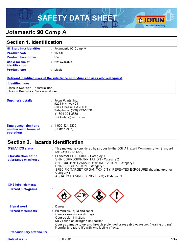 SDS 16560 Jotamastic 90 Comp a Eng US Firefighting Benzene