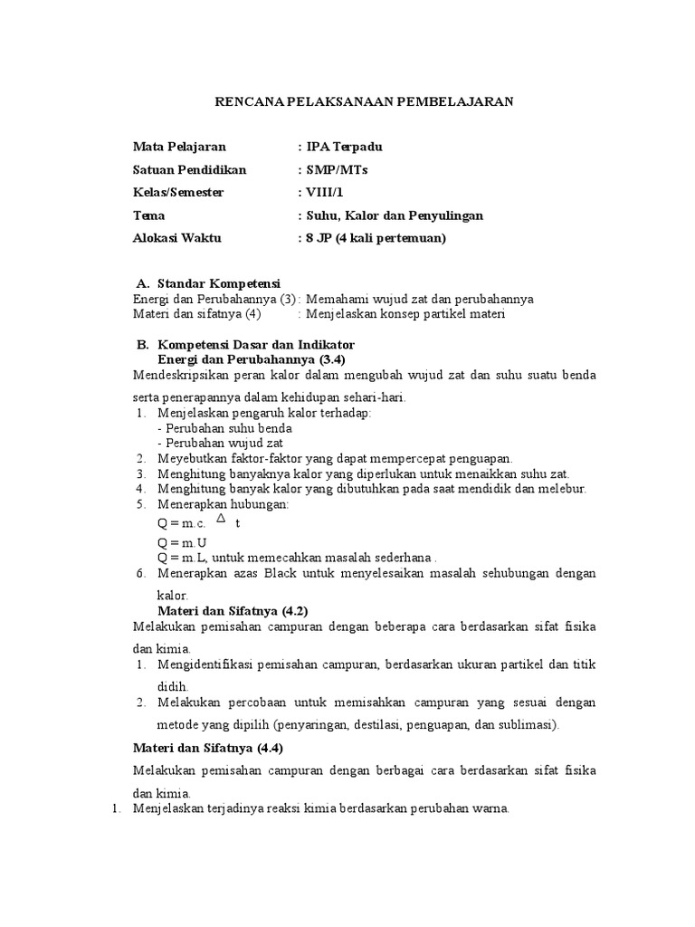 RPP SMP Suhu, Kalor Dan Penyulingan