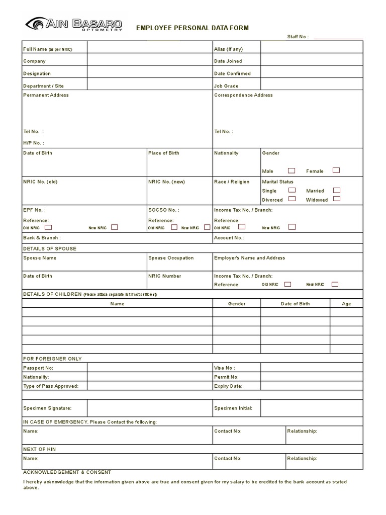 Employee Personal Data Form Employment Social Institutions