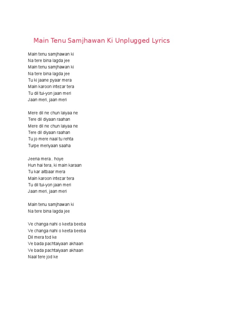 main-tenu-samjhawan-ki-unplugged-lyrics-pdf