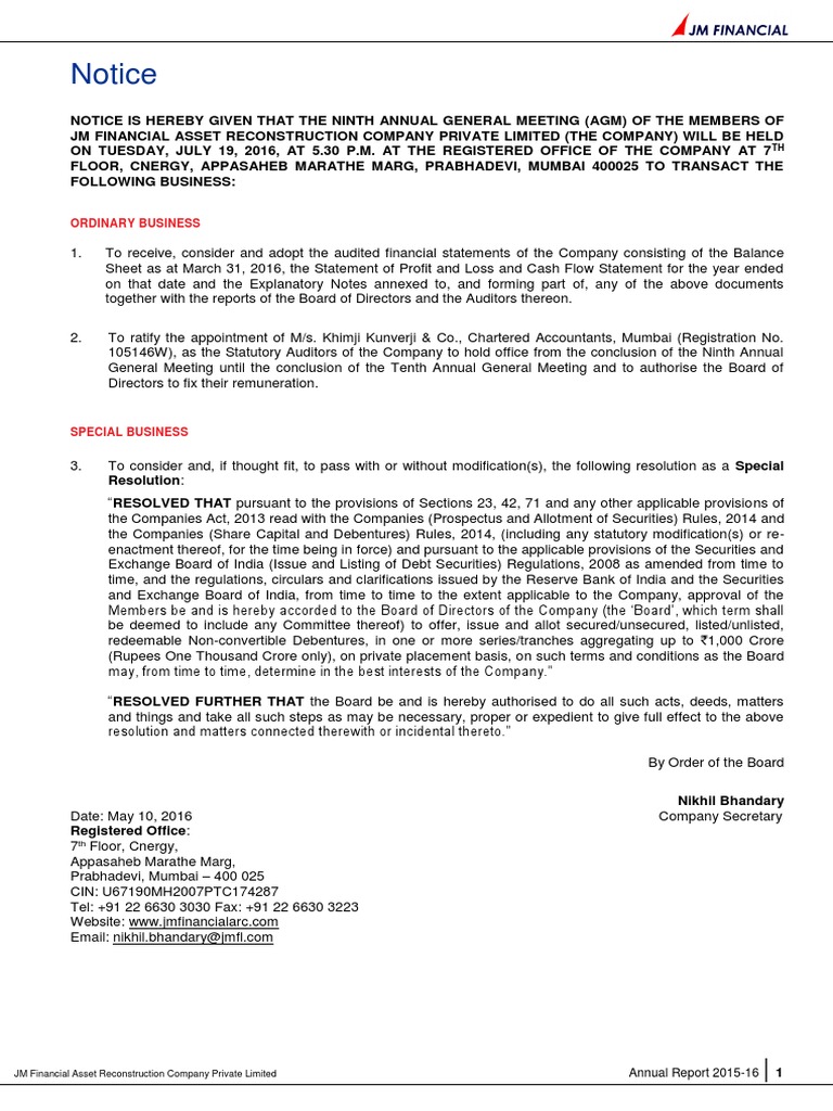 JM Financial ARC Annual Report 2015-16 | PDF | Bankruptcy | Board Of ...