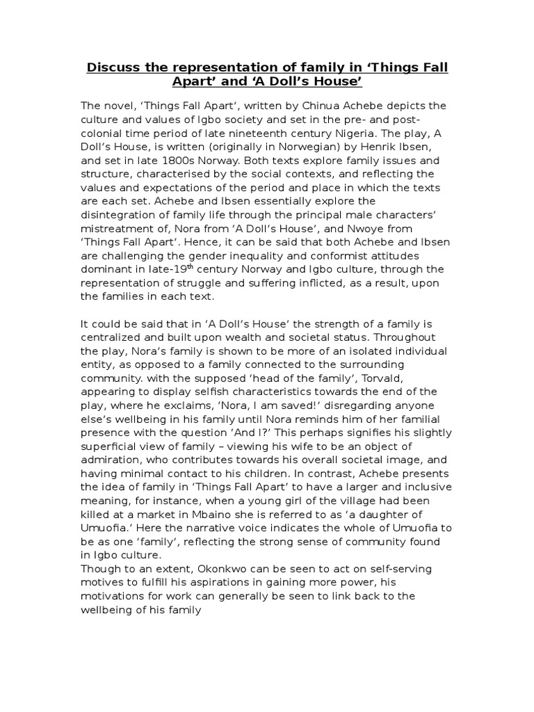 Discuss The Representation of Family in Things Fall Apart' and A Doll's