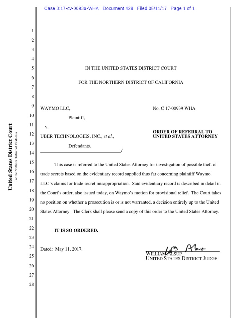 Waymo v. Uber - Order of Referral | PDF | United States Attorney ...