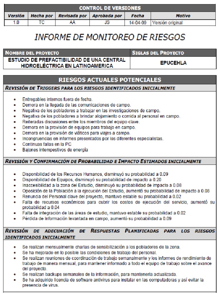 Ejemplo Plantilla Informe de Monitoreo de Riesgos | PDF