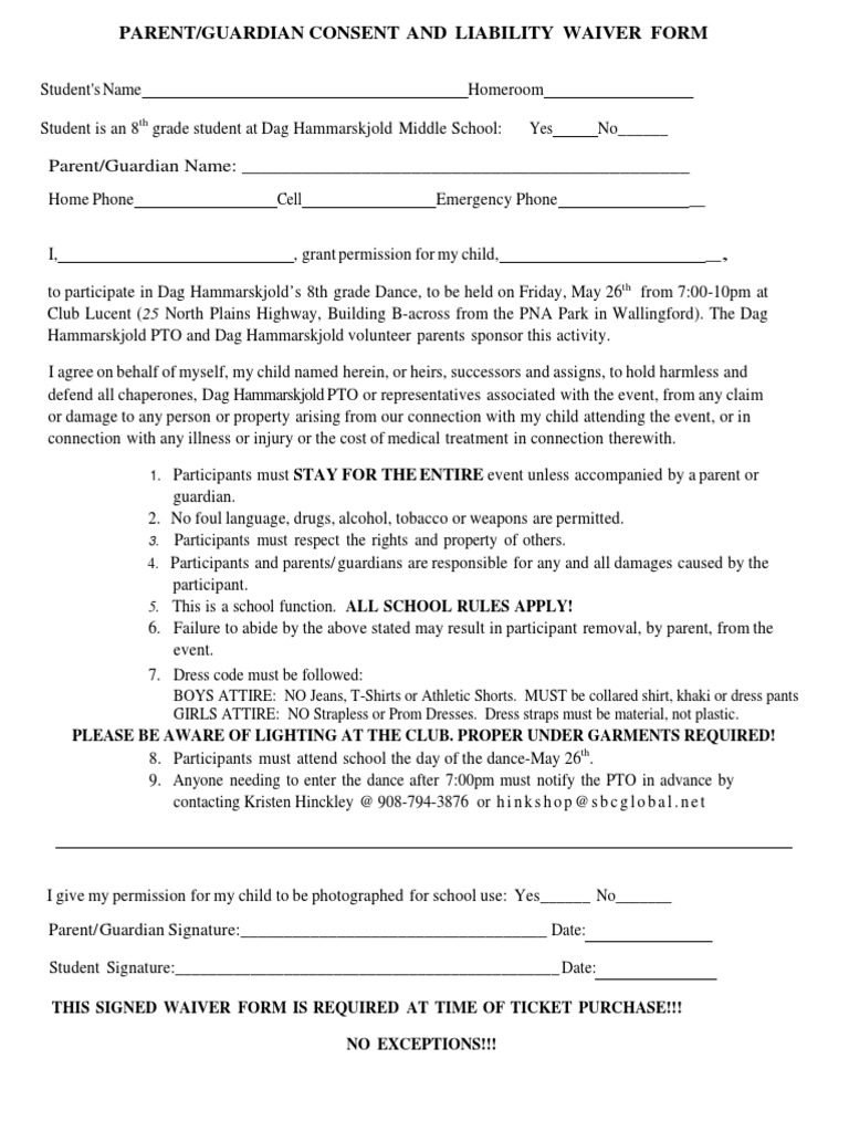 8th grade dance - permission slip - consent and liabilty form | Legal Guardian | Clothing