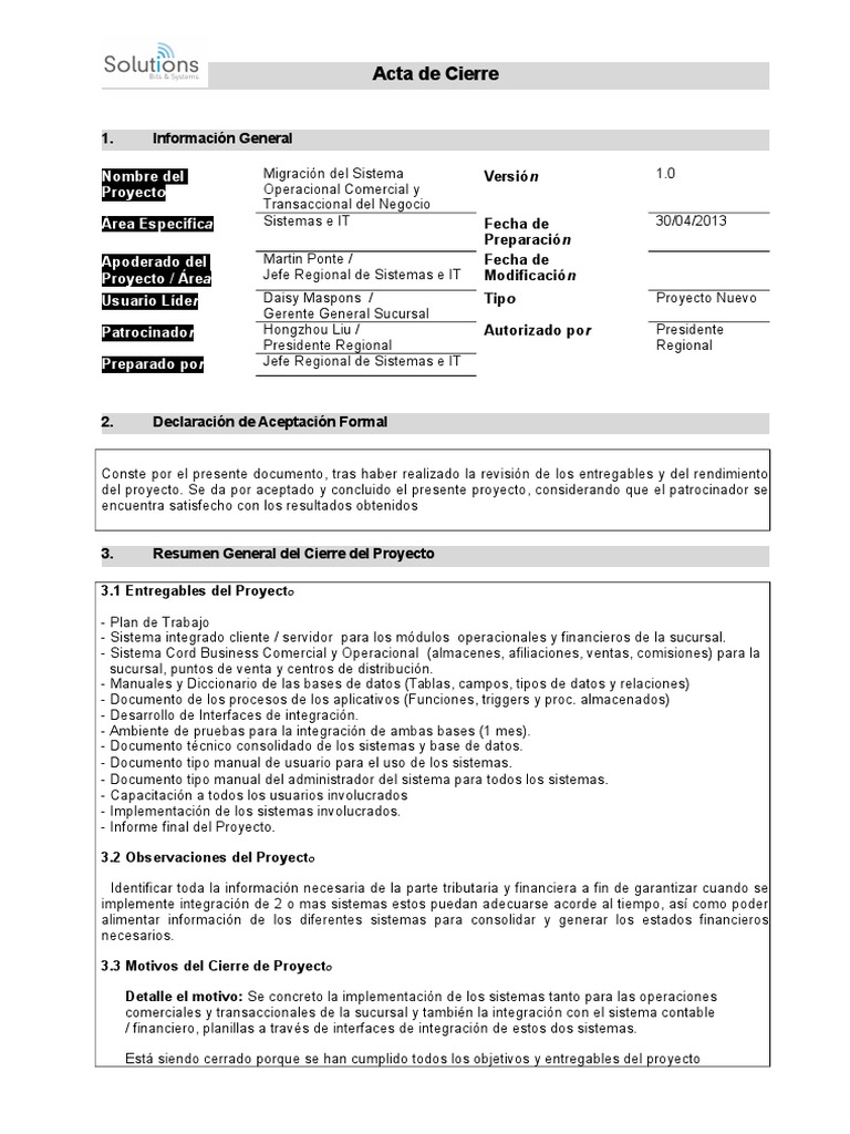 10 Acta de Cierre v.1 | PDF | Presupuesto | Bases de datos