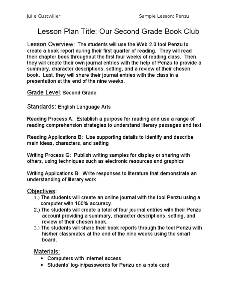 Penzu Lesson Plan PDF Books Reading (Process)