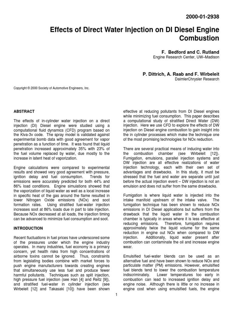 2000 - Effects of Direct Water Injection On DI Diesel Engine PDF | PDF ...