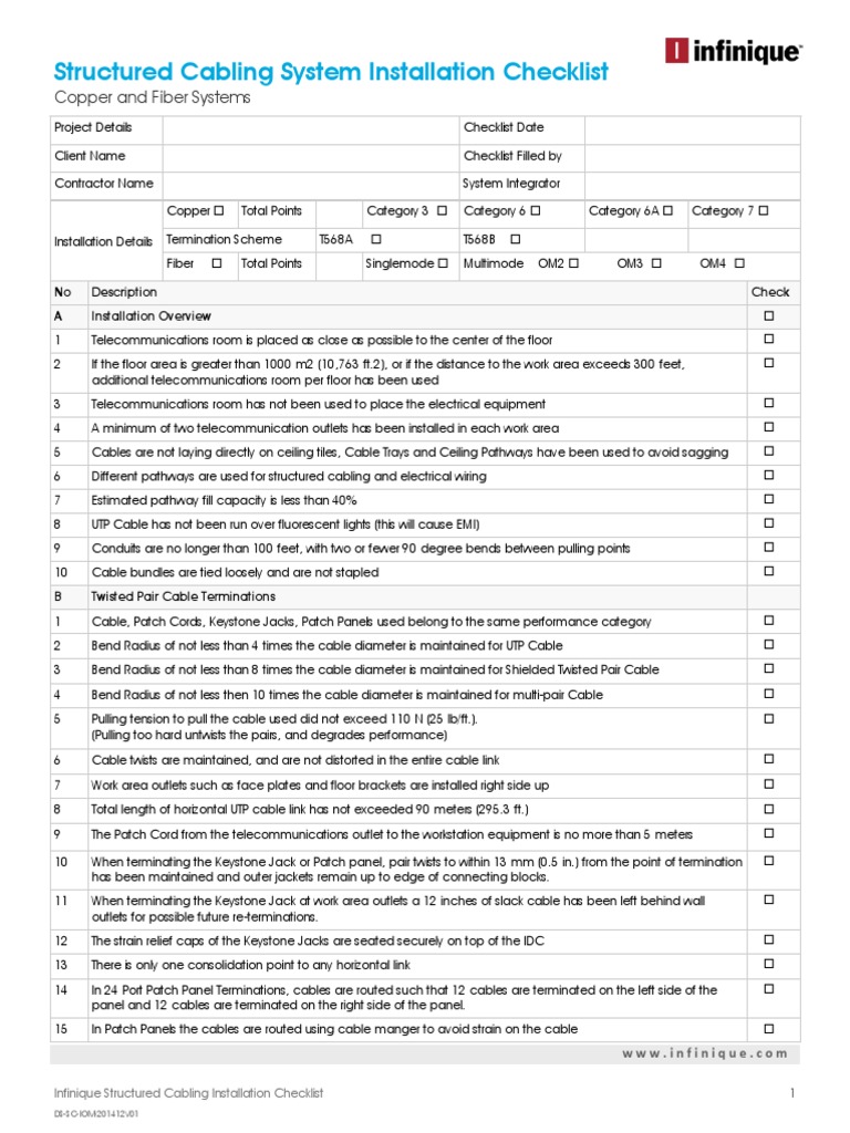 Infinique Structured Cabling Installation Checklist | PDF | Cable ...