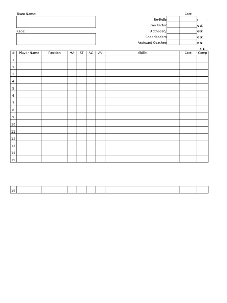 Blood Bowl Roster (Excel) American Football National Football League