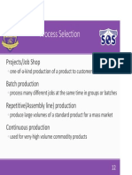 Process Selection: Projects/Job Shop Batch Production Repetitive (Assembly Line) Production Continuous Production