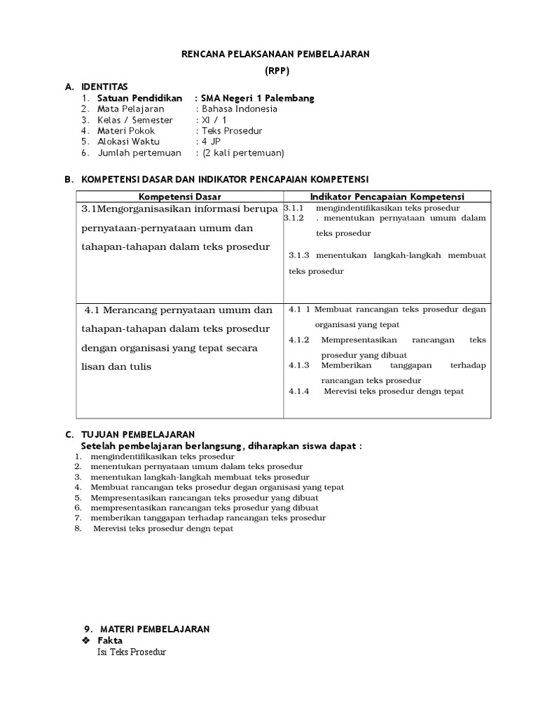 RPP Bahasa Indonesia Kelas XI Teks Prosedur | PDF